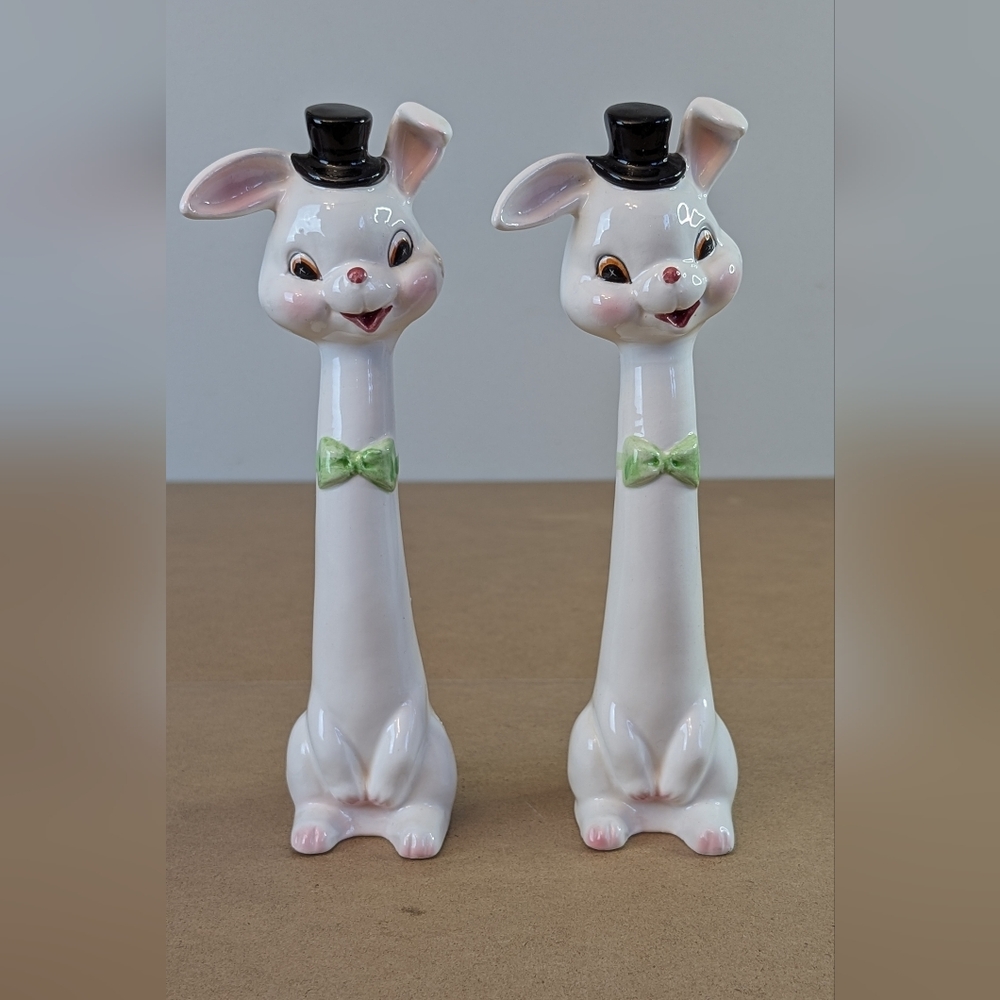 MCM 1956 Napco Bunnie Shaker Pair, Anthropomorphic Rabbit Salt Shakers